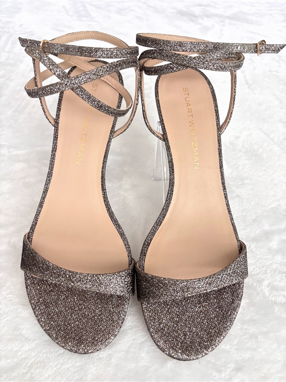 STUART WEITZMAN Nudist Wrap 50 Kitten Heel Leather-Lined Glitter Sandal--NEW--10